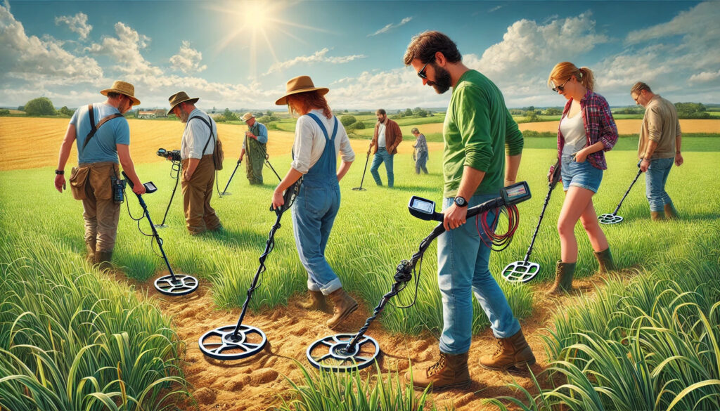 group of metal detectorists in a field looking for finds